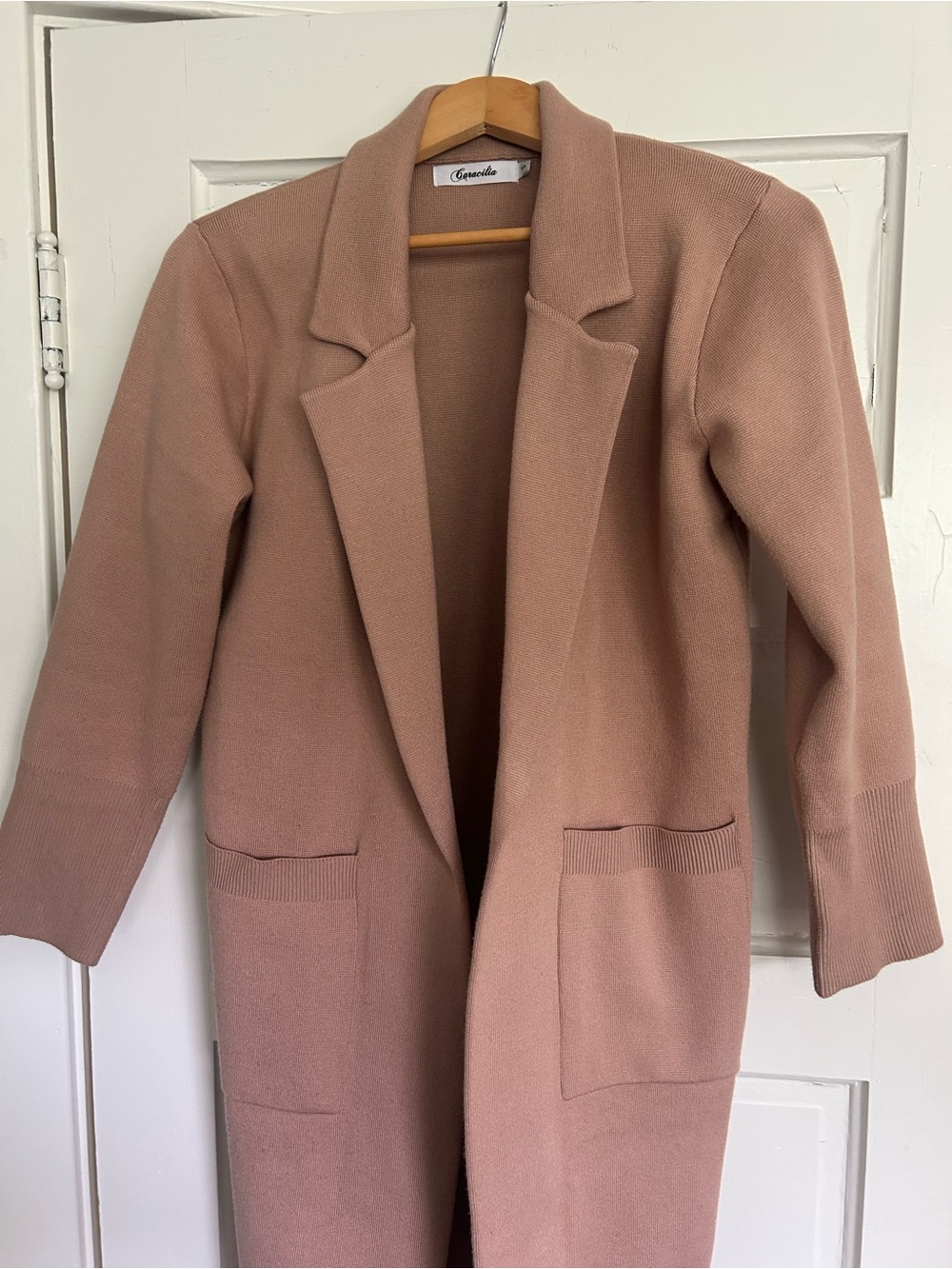 Women's Long Open-Front Knit Trench Coatigan in Camel Color